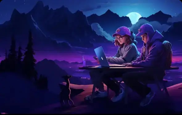 Illustration — Two people working on laptops outdoors at night, surrounded by a mystical mountainous landscape illuminated by the moonlight